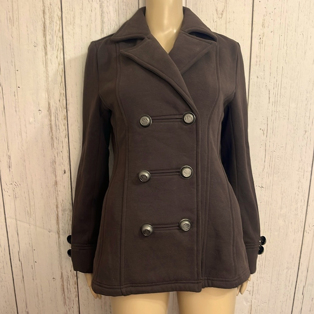Anthropologie Knitted Dove Brown Double Breasted Jacket
Size Small